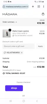 VELVETWEAR50 coupon verification screenshot