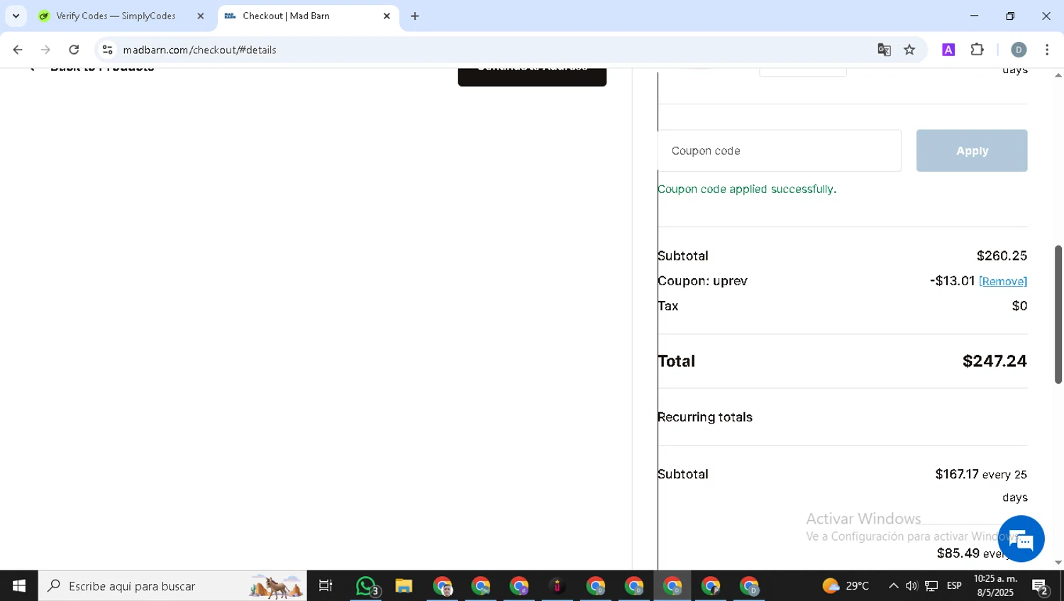 Mad Barn coupon code screenshot showing code uprev applied at Mad Barn checkout page. Uploaded by SimplyCodes community member Alejandria on May 8, 2025