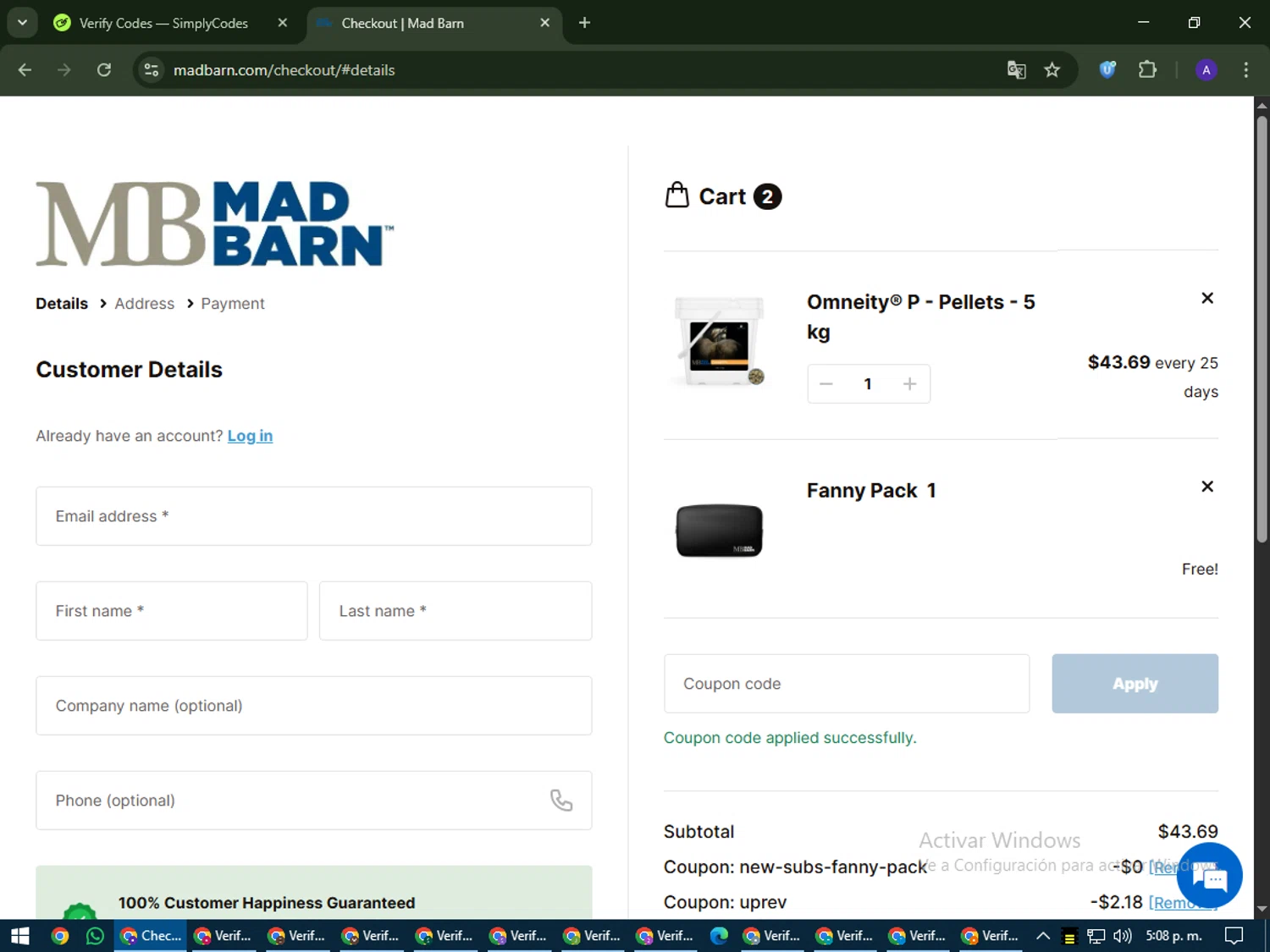Mad Barn coupon code screenshot showing code uprev applied at Mad Barn checkout page. Uploaded by SimplyCodes community member MagnificentWarden4603 on Jun 19, 2025