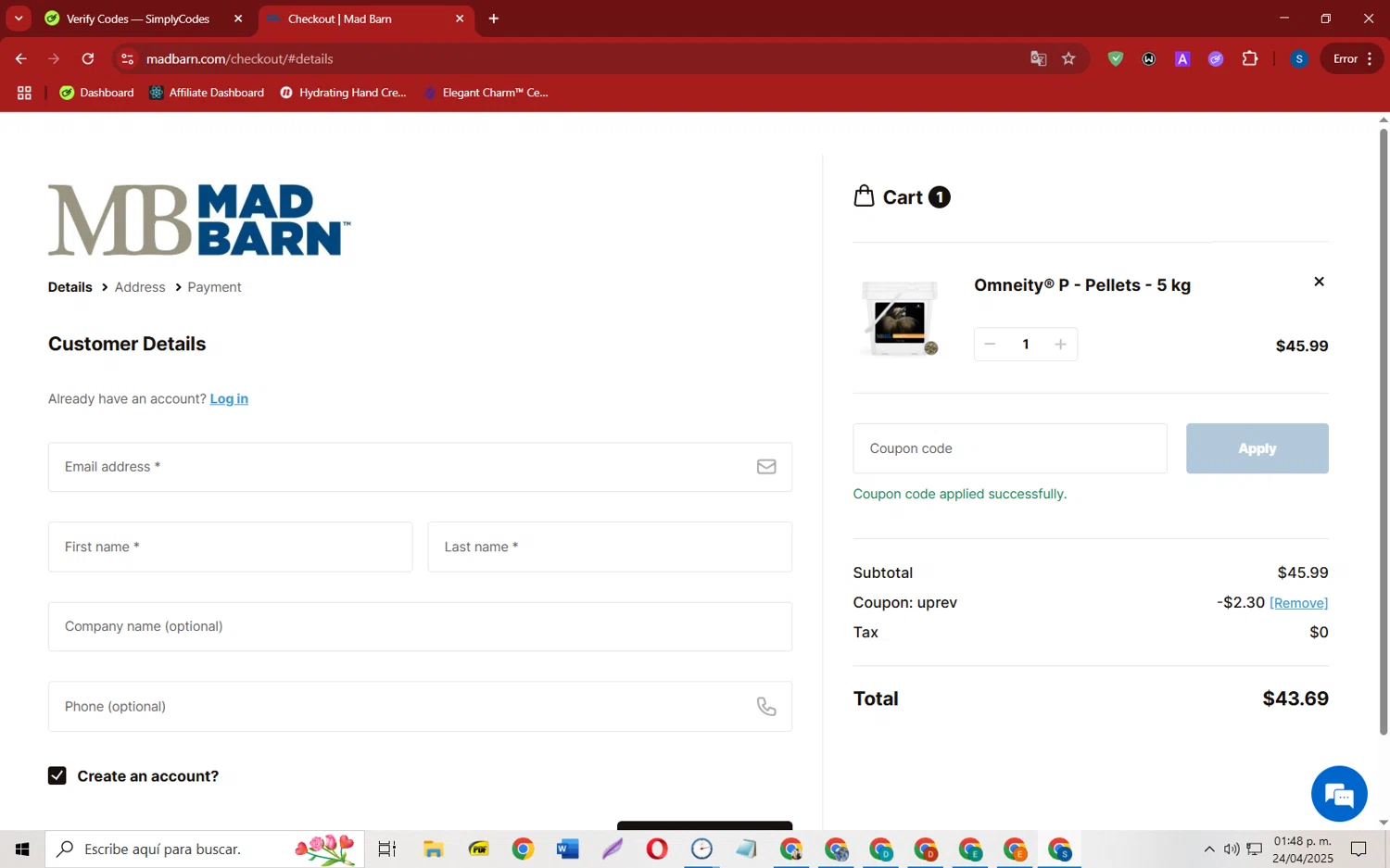 Mad Barn coupon code screenshot showing code uprev applied at Mad Barn checkout page. Uploaded by SimplyCodes community member CleverOwl2485 on Apr 24, 2025