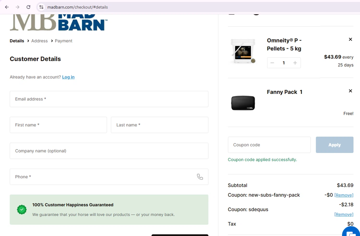 Mad Barn coupon code screenshot showing code SDEQUUS applied at Mad Barn checkout page. Uploaded by SimplyCodes community member SaleTiger4389 on Oct 7, 2025