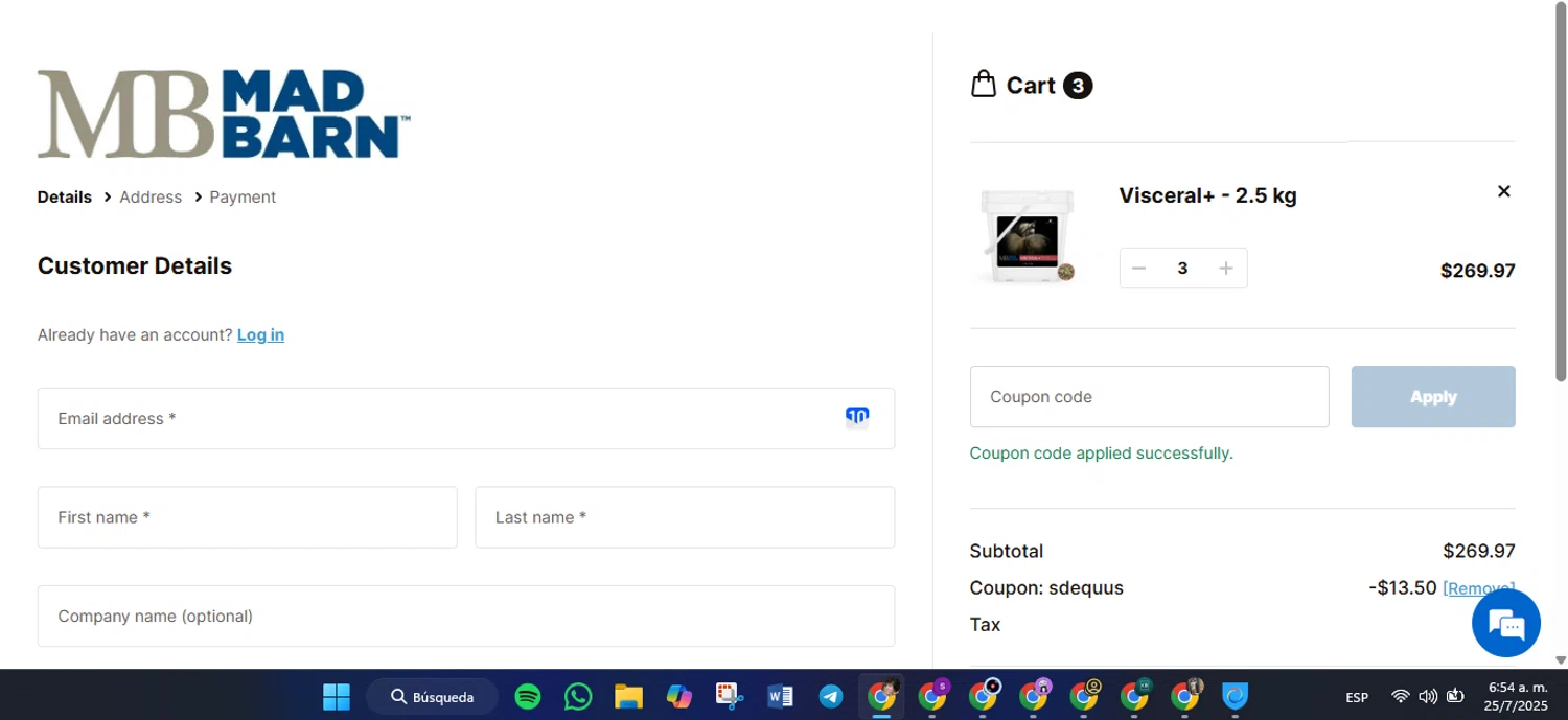 Mad Barn coupon code screenshot showing code SDEQUUS applied at Mad Barn checkout page. Uploaded by SimplyCodes community member luisaballera on Jul 25, 2025