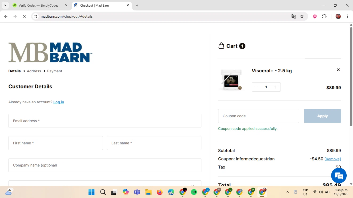 Mad Barn coupon code screenshot showing code INFORMEDEQUESTRIAN applied at Mad Barn checkout page. Uploaded by SimplyCodes community member GloriousDefender7889 on Jun 19, 2025
