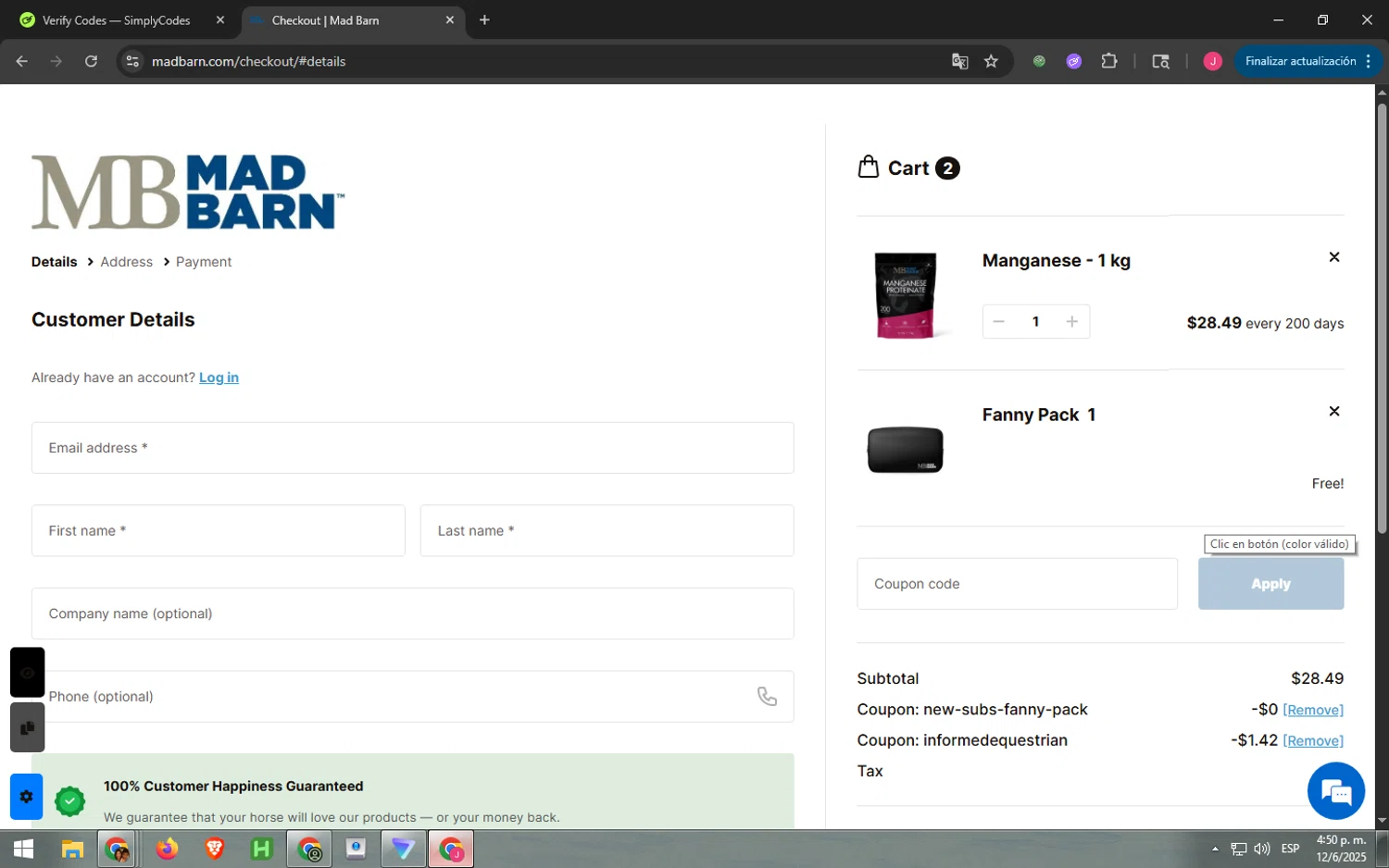 Mad Barn coupon code screenshot showing code INFORMEDEQUESTRIAN applied at Mad Barn checkout page. Uploaded by SimplyCodes community member LuckyFalcon2907 on Jun 12, 2025