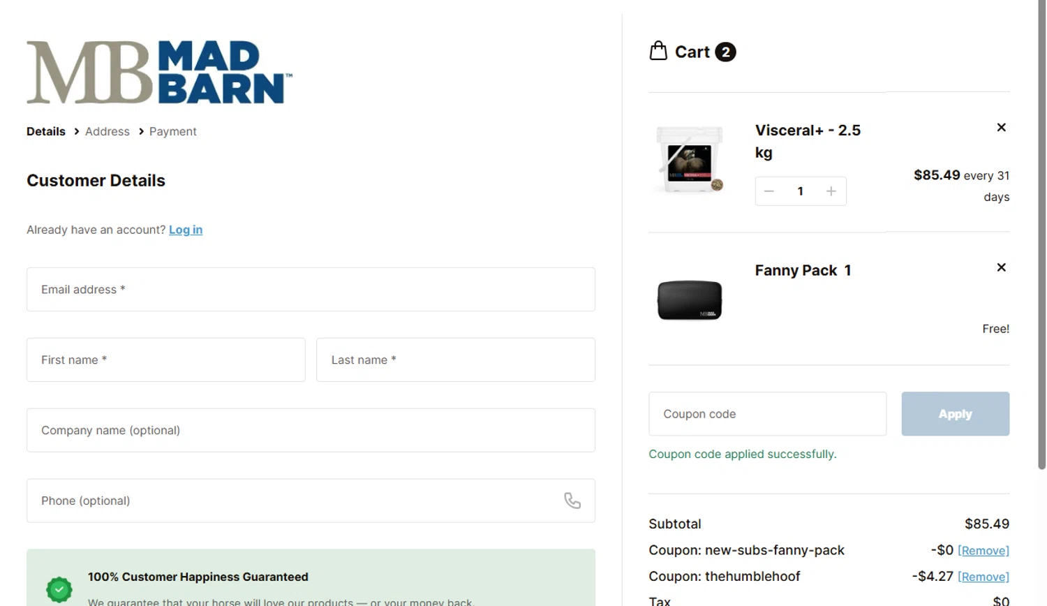Mad Barn coupon code screenshot showing code thehumblehoof applied at Mad Barn checkout page. Uploaded by SimplyCodes community member BudgetWizard6950 on Jun 12, 2025