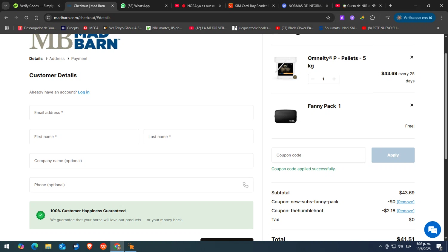 Mad Barn coupon code screenshot showing code thehumblehoof applied at Mad Barn checkout page. Uploaded by SimplyCodes community member JuanChi on Jun 19, 2025