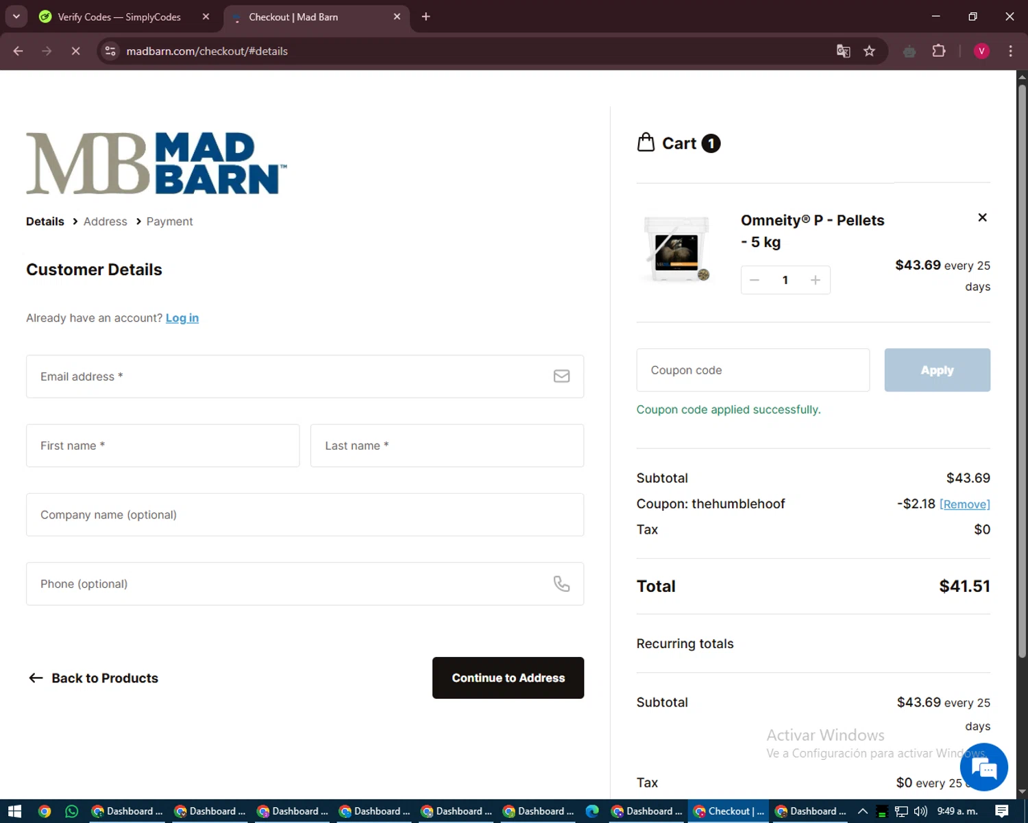 Mad Barn coupon code screenshot showing code thehumblehoof applied at Mad Barn checkout page. Uploaded by SimplyCodes community member ShieldEagle6102 on Apr 24, 2025