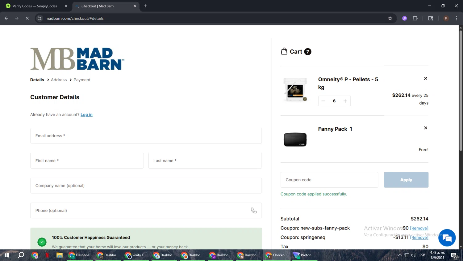 Mad Barn coupon code screenshot showing code SPRINGENEQ applied at Mad Barn checkout page. Uploaded by SimplyCodes community member ExtraordinaryHunter3076 on Sep 8, 2025