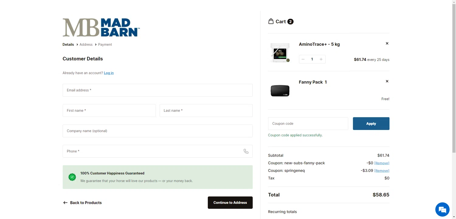 Mad Barn coupon code screenshot showing code SPRINGENEQ applied at Mad Barn checkout page. Uploaded by SimplyCodes community member NobleMaestro6498 on Oct 7, 2025