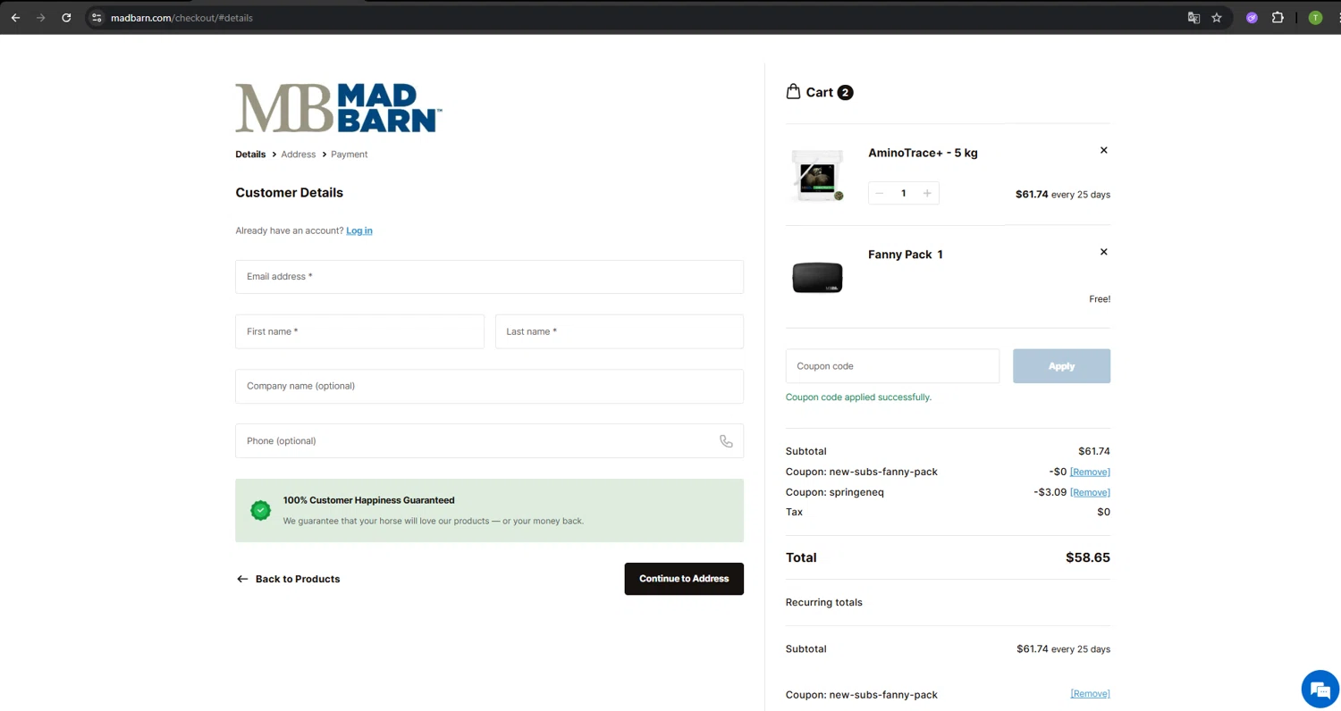 Mad Barn coupon code screenshot showing code SPRINGENEQ applied at Mad Barn checkout page. Uploaded by SimplyCodes community member SavvyNavigator1720 on Jul 18, 2025