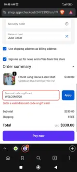 WELCOME!20 coupon verification screenshot
