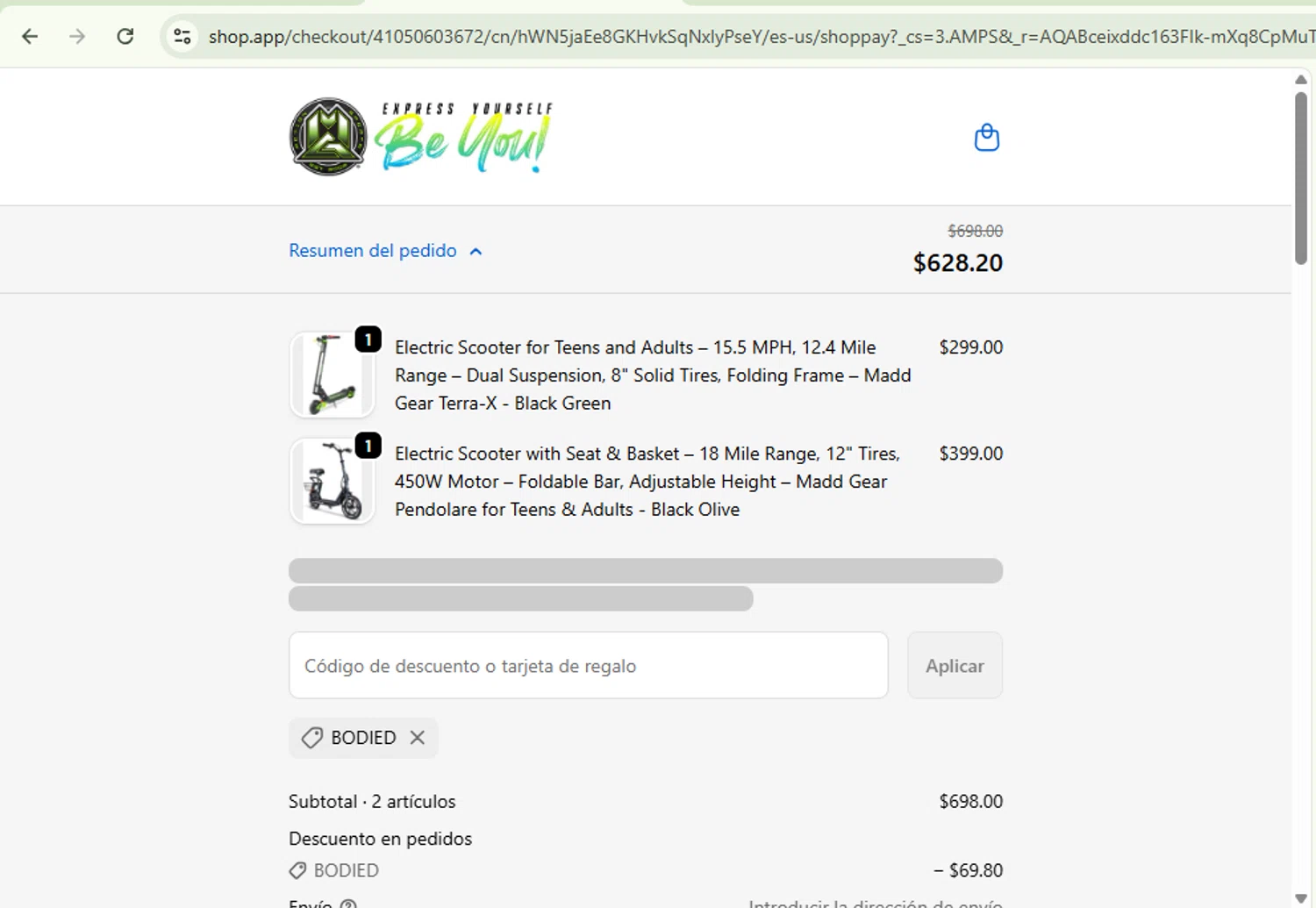 Madd Gear discount code screenshot showing code BODIED applied at Madd Gear checkout page. Uploaded by SimplyCodes community member SaleSentinel7319 on Nov 26, 2025