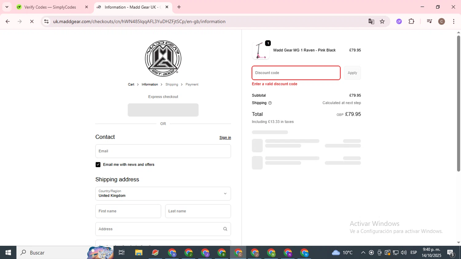 Madd Gear discount code screenshot showing code RYAN10 applied at Madd Gear checkout page. Uploaded by SimplyCodes community member eliholuiscampos1 on Oct 15, 2025