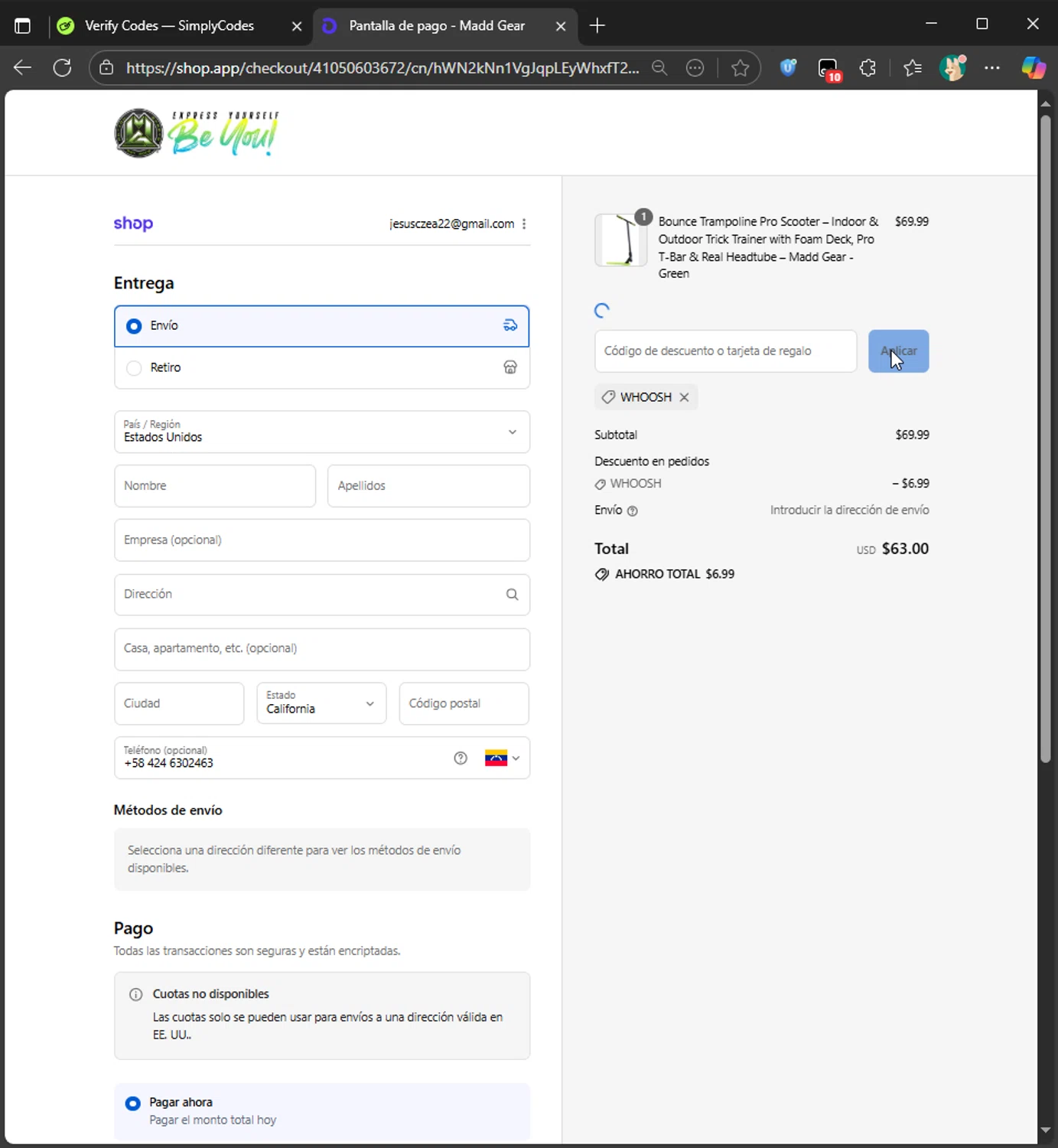 Madd Gear discount code screenshot showing code WHOOSH applied at Madd Gear checkout page. Uploaded by SimplyCodes community member murraytopsom on Sep 8, 2025