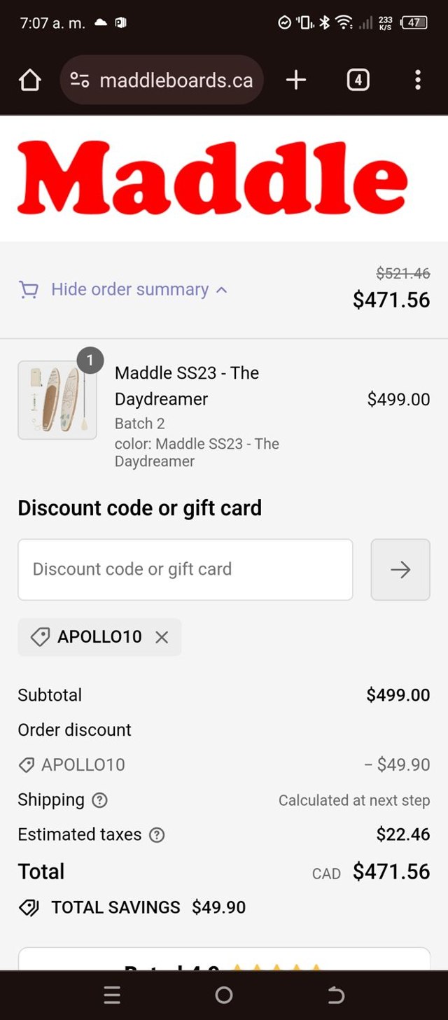 Maddle CA checkout page showing Maddle CA promo code box | Screenshot taken by SimplyCodes community member on Dec 22, 2023