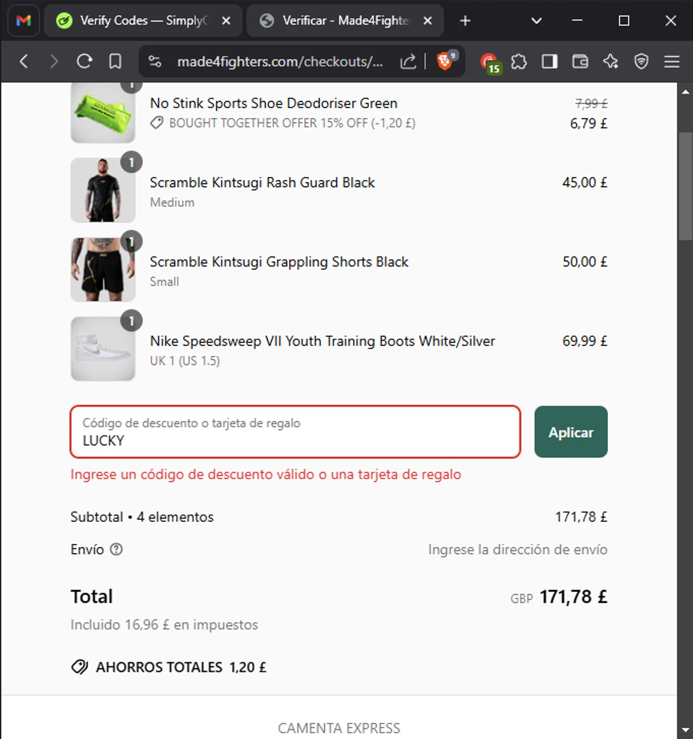 Made4Fighters promo code screenshot showing code LUCKY applied at Made4Fighters checkout page. Uploaded by SimplyCodes community member Migu_u on Mar 21, 2025