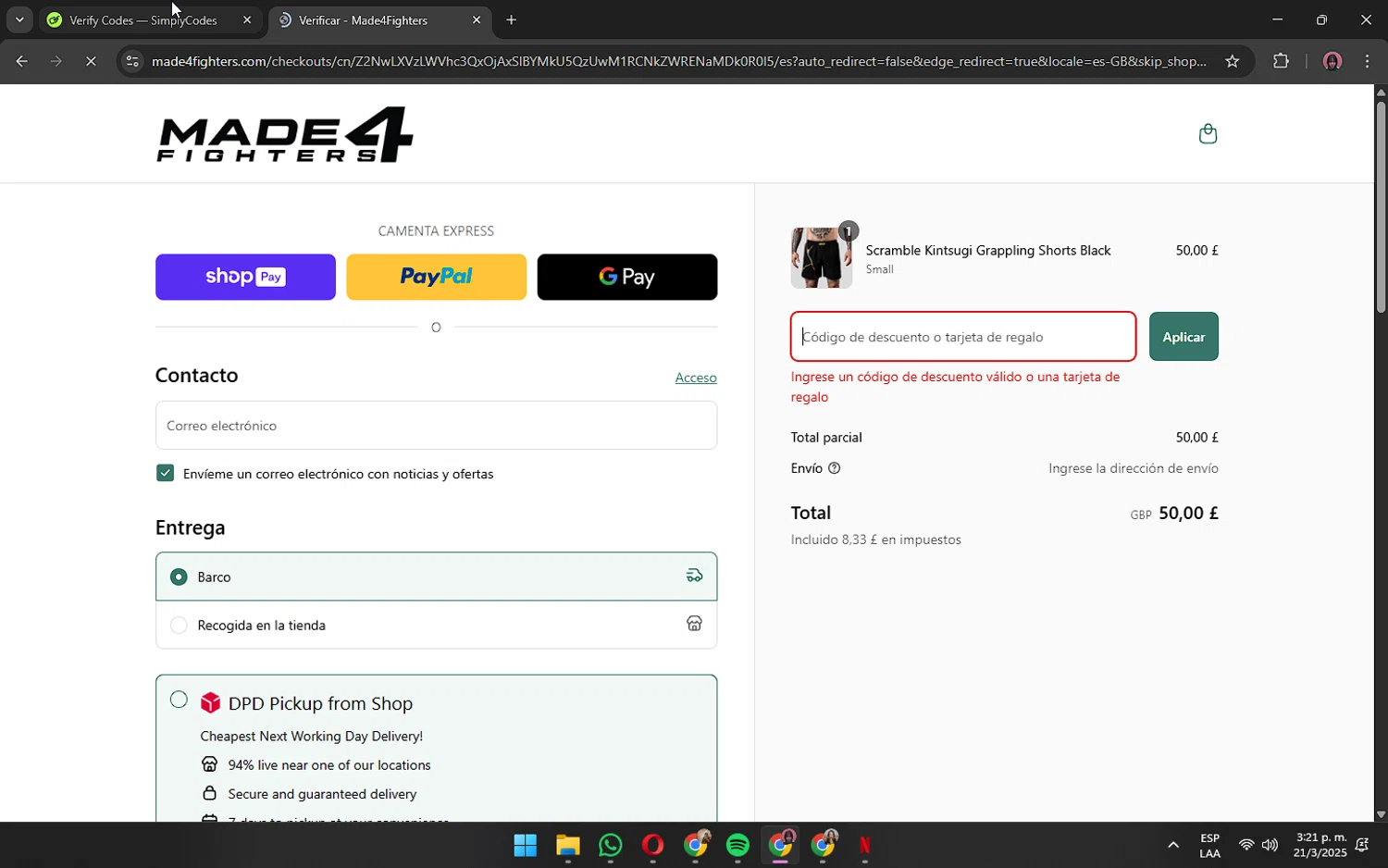 Made4Fighters promo code screenshot showing code LUCKY applied at Made4Fighters checkout page. Uploaded by SimplyCodes community member ShrewdPilot3521 on Mar 21, 2025