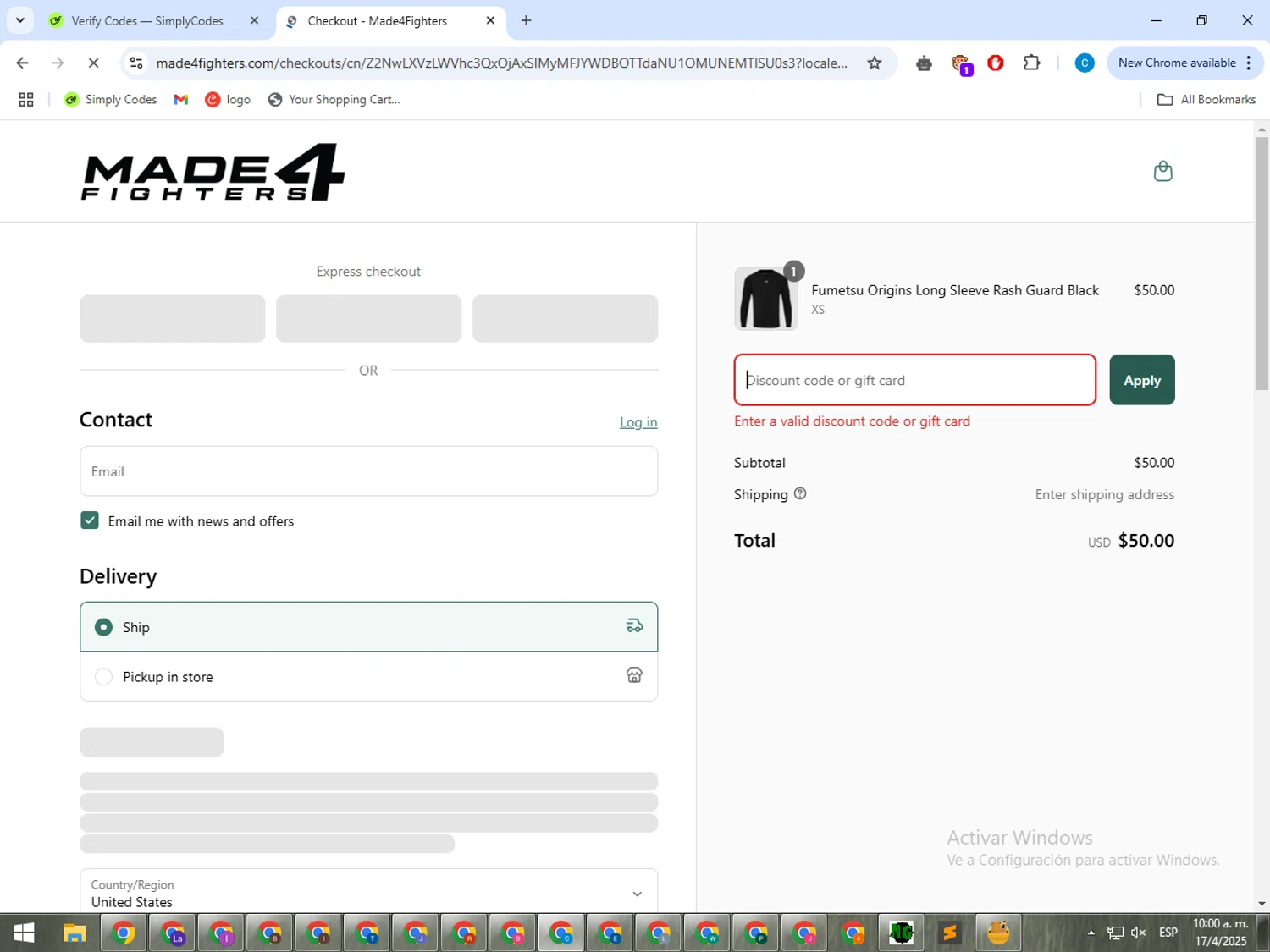 Made4Fighters promo code screenshot showing code SPRING30 applied at Made4Fighters checkout page. Uploaded by SimplyCodes community member ShrewdWhiz2806 on Apr 17, 2025