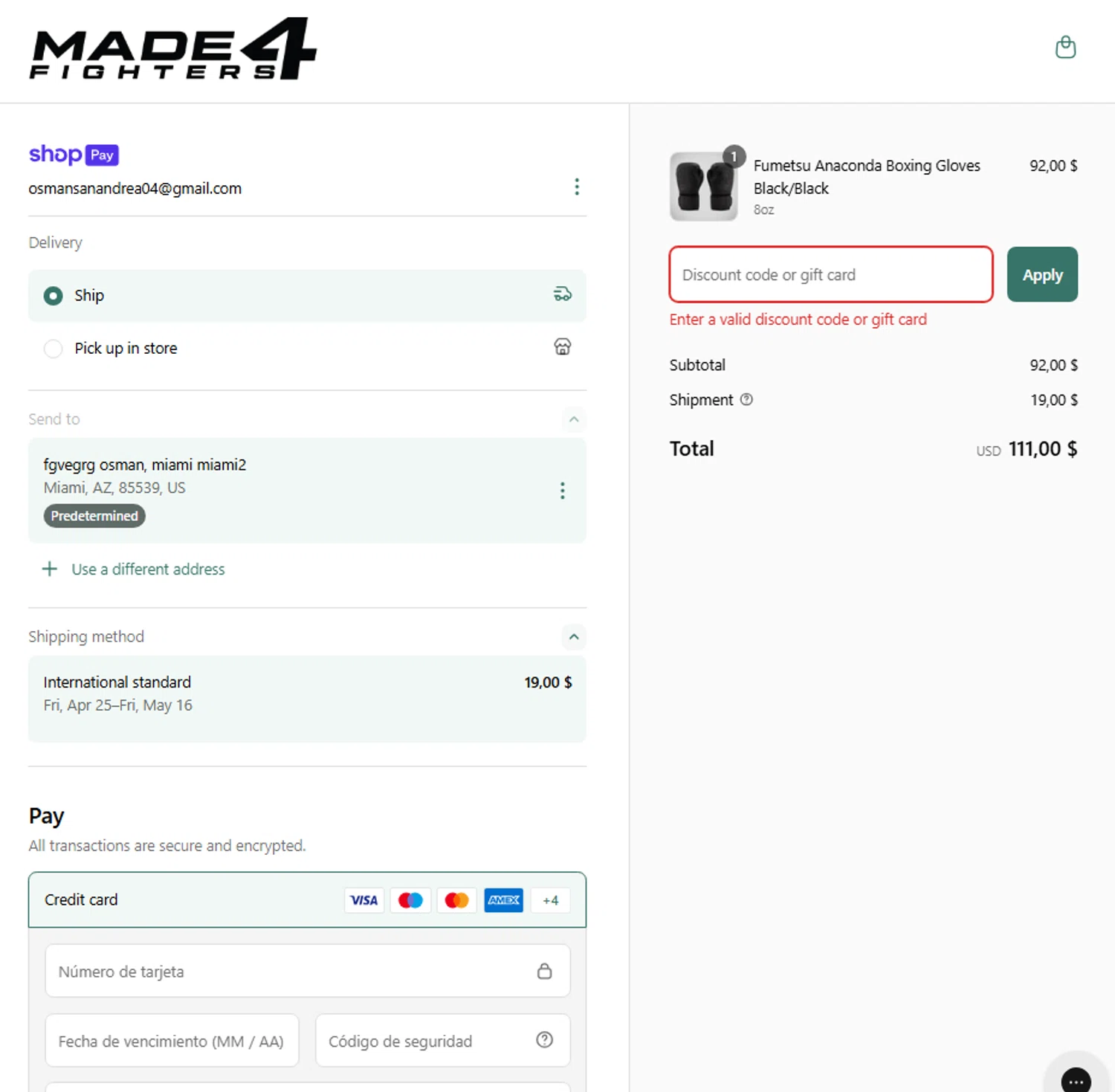 Made4Fighters promo code screenshot showing code GRAPPLE applied at Made4Fighters checkout page. Uploaded by SimplyCodes community member ElonMusk on Apr 18, 2025