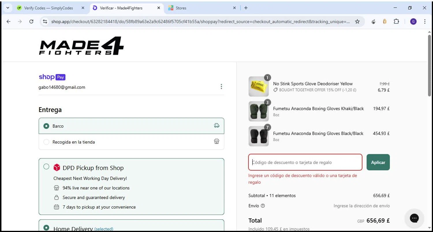 Made4Fighters promo code screenshot showing code GRAPPLE applied at Made4Fighters checkout page. Uploaded by SimplyCodes community member Theking on Apr 18, 2025
