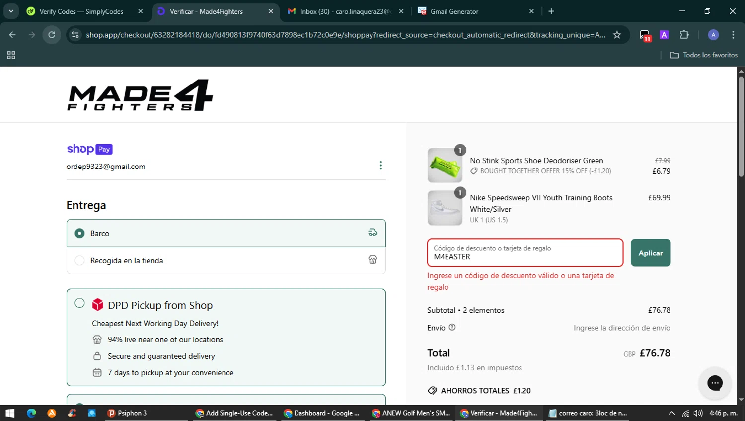 Made4Fighters promo code screenshot showing code M4EASTER applied at Made4Fighters checkout page. Uploaded by SimplyCodes community member Carolina23 on Apr 25, 2025
