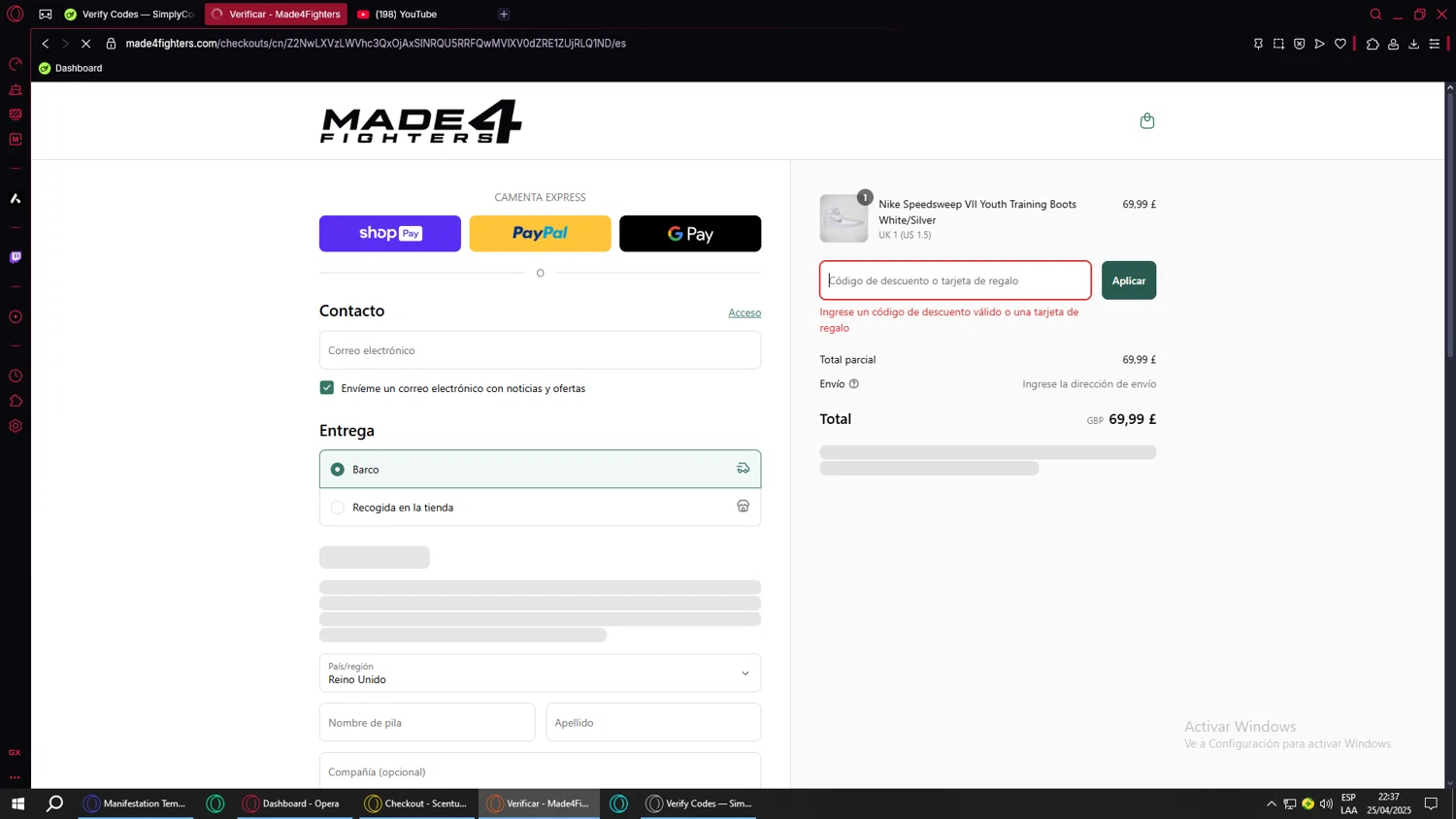 Made4Fighters promo code screenshot showing code M4EASTER applied at Made4Fighters checkout page. Uploaded by SimplyCodes community member MoneyMonarch9272 on Apr 25, 2025