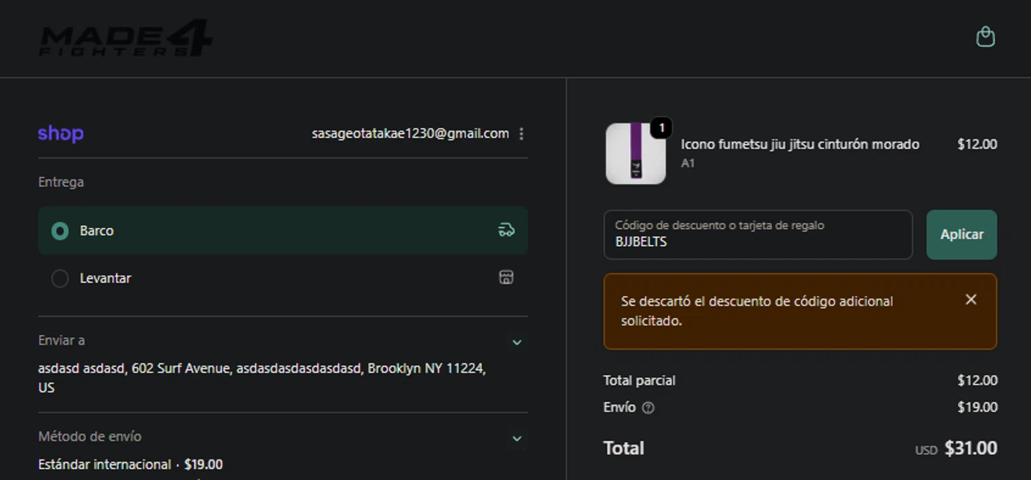 Made4Fighters promo code screenshot showing code BJJBELTS applied at Made4Fighters checkout page. Uploaded by SimplyCodes community member PedroNavaja on Nov 30, 2025