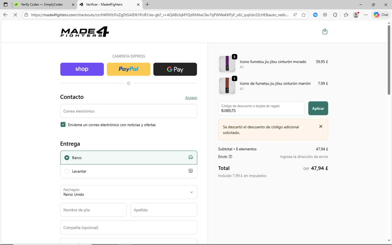 Made4Fighters promo code screenshot showing code BJJBELTS applied at Made4Fighters checkout page. Uploaded by SimplyCodes community member jhoanDepp on Nov 30, 2025