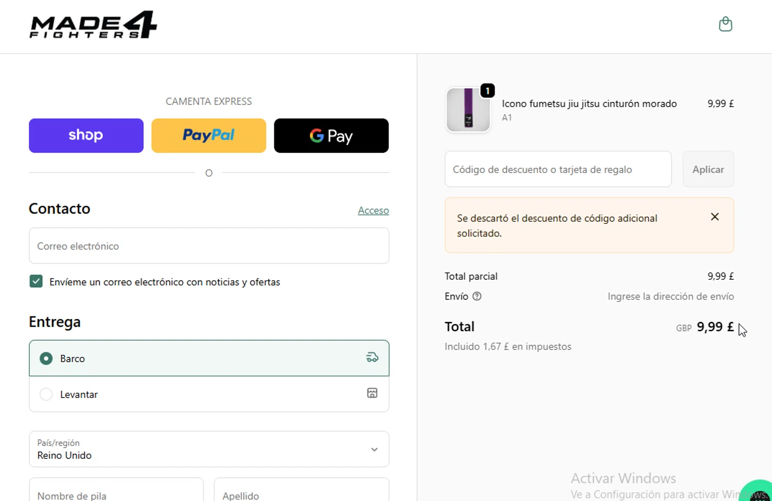 Made4Fighters promo code screenshot showing code BJJBELTS applied at Made4Fighters checkout page. Uploaded by SimplyCodes community member ligthYA on Dec 22, 2025