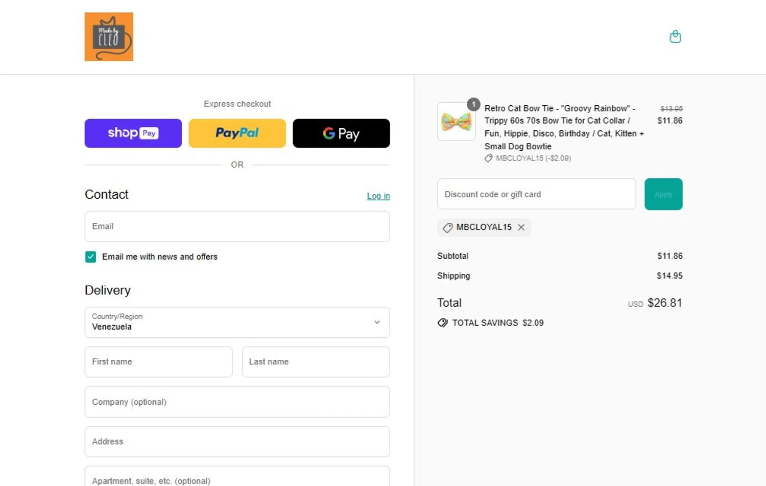 Made By Cleo promo code screenshot showing code MBCLOYAL15 applied at Made By Cleo checkout page. Uploaded by SimplyCodes community member BargainRanger2568 on Aug 4, 2025