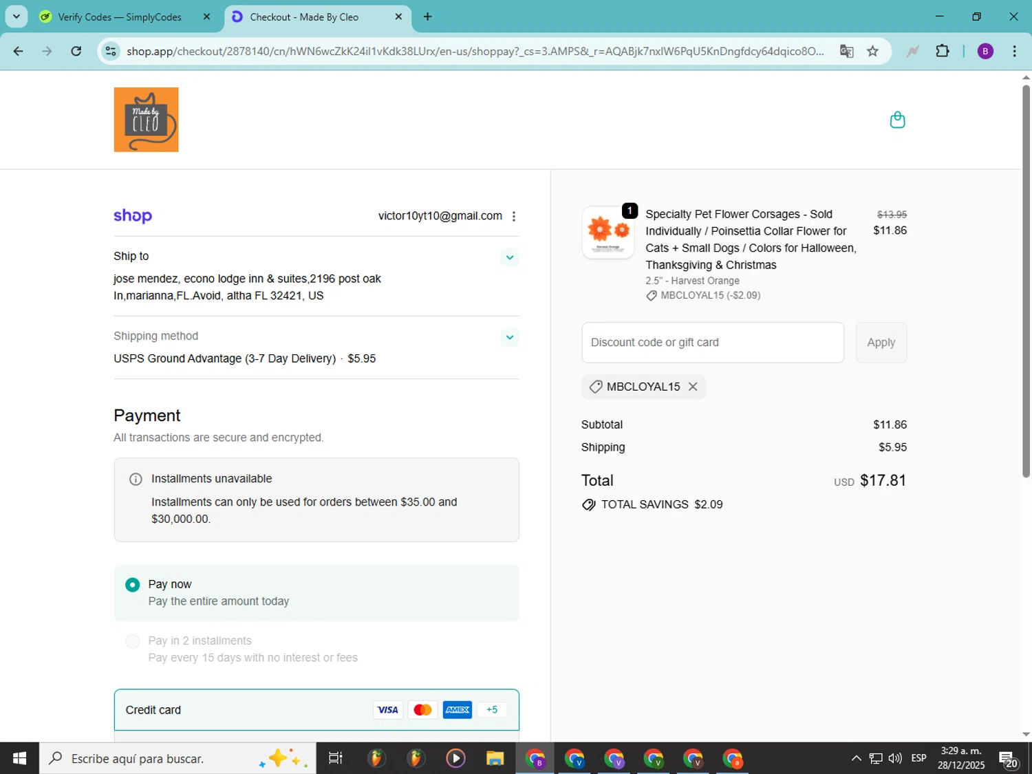 Made By Cleo promo code screenshot showing code MBCLOYAL15 applied at Made By Cleo checkout page. Uploaded by SimplyCodes community member Soyvictor on Dec 28, 2025