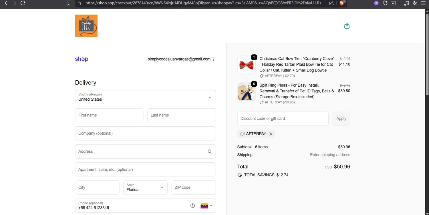 Made By Cleo promo code screenshot showing code AFTERPAY applied at Made By Cleo checkout page. Uploaded by SimplyCodes community member juanvargas1 on Nov 9, 2025