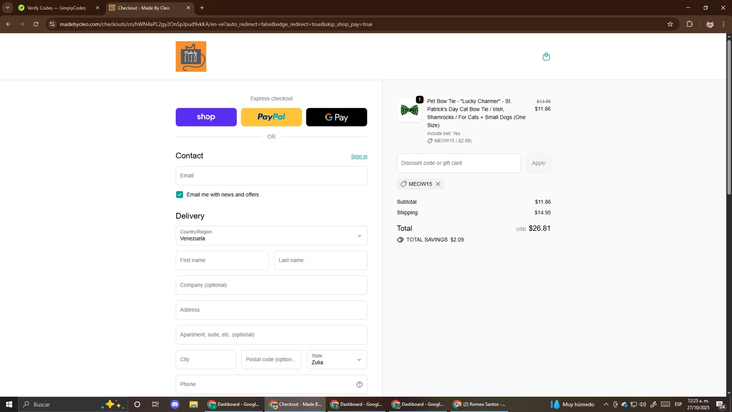 Made By Cleo promo code screenshot showing code MEOW15 applied at Made By Cleo checkout page. Uploaded by SimplyCodes community member El_mynor on Oct 27, 2025