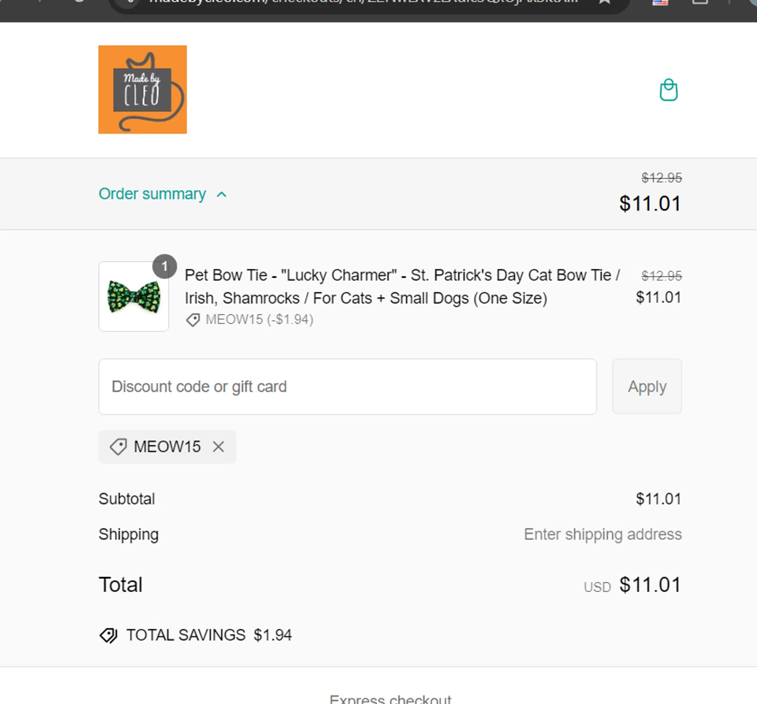 Made By Cleo promo code screenshot showing code MEOW15 applied at Made By Cleo checkout page. Uploaded by SimplyCodes community member LieutenantGhost on Feb 12, 2025