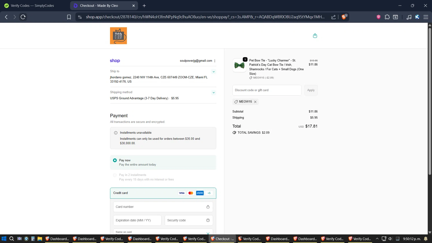 Made By Cleo promo code screenshot showing code MEOW15 applied at Made By Cleo checkout page. Uploaded by SimplyCodes community member jhordano on Nov 2, 2025