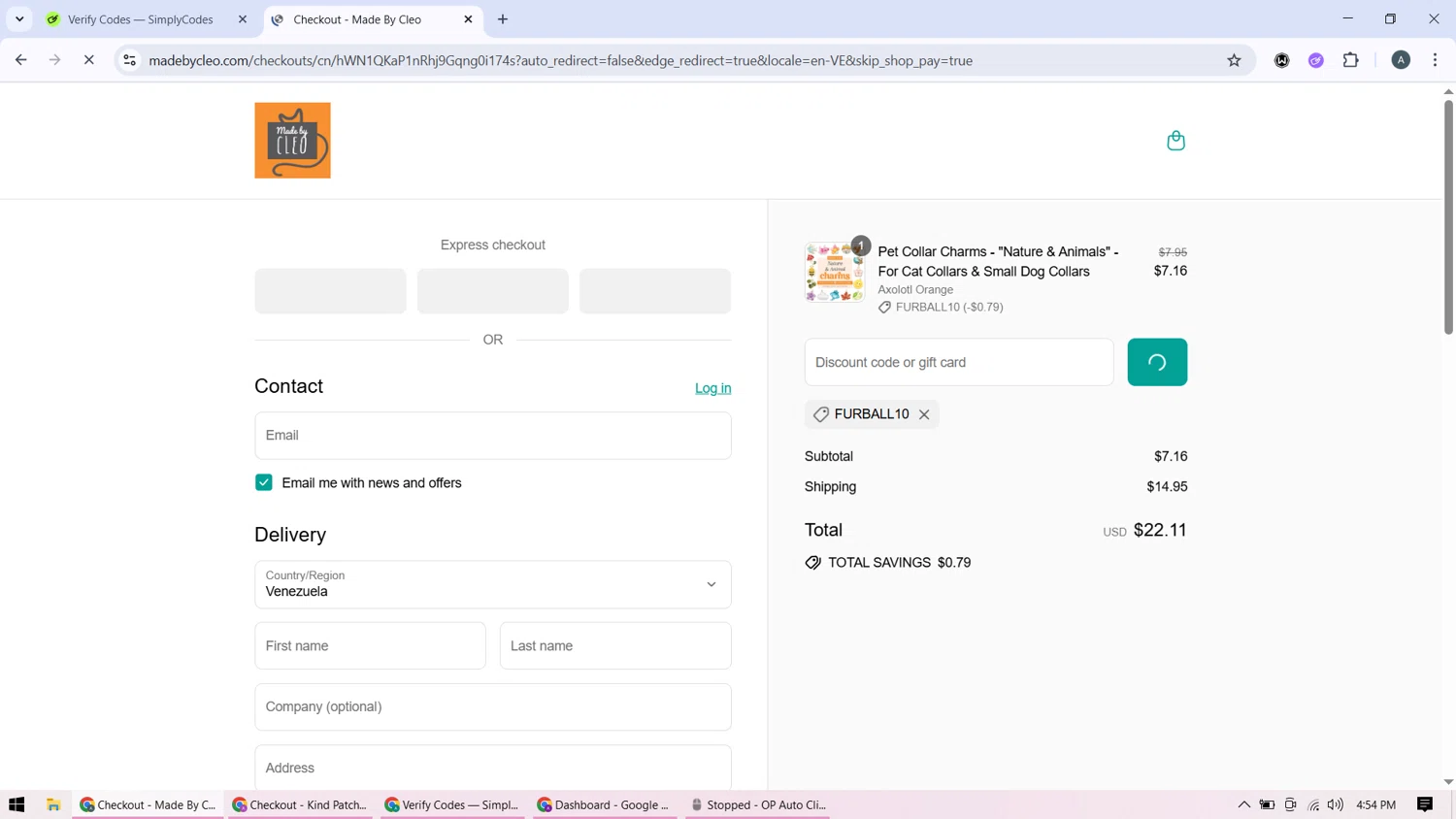 Made By Cleo promo code screenshot showing code FURBALL10 applied at Made By Cleo checkout page. Uploaded by SimplyCodes community member BonusMonarch7015 on Aug 4, 2025