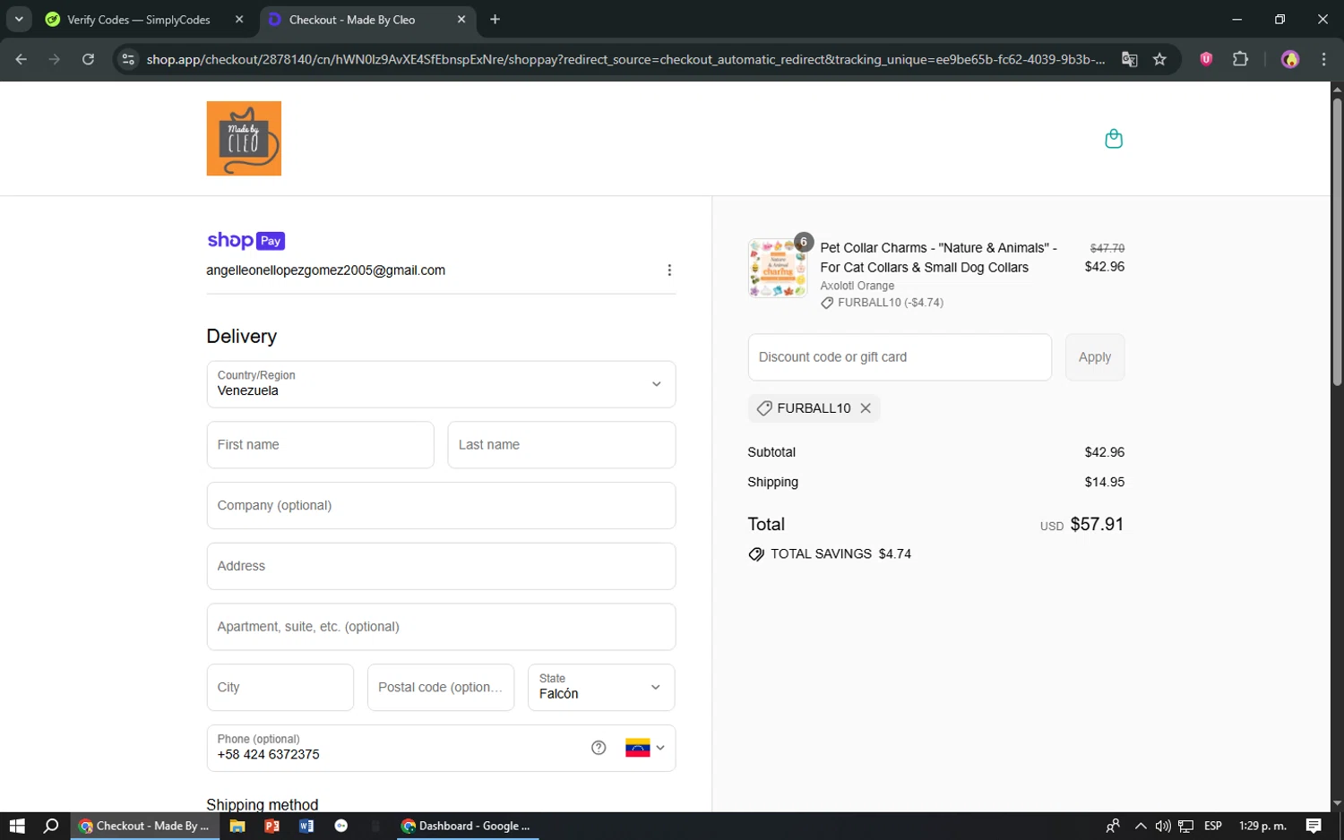 Made By Cleo promo code screenshot showing code FURBALL10 applied at Made By Cleo checkout page. Uploaded by SimplyCodes community member TreasureShopper9156 on Jul 18, 2025