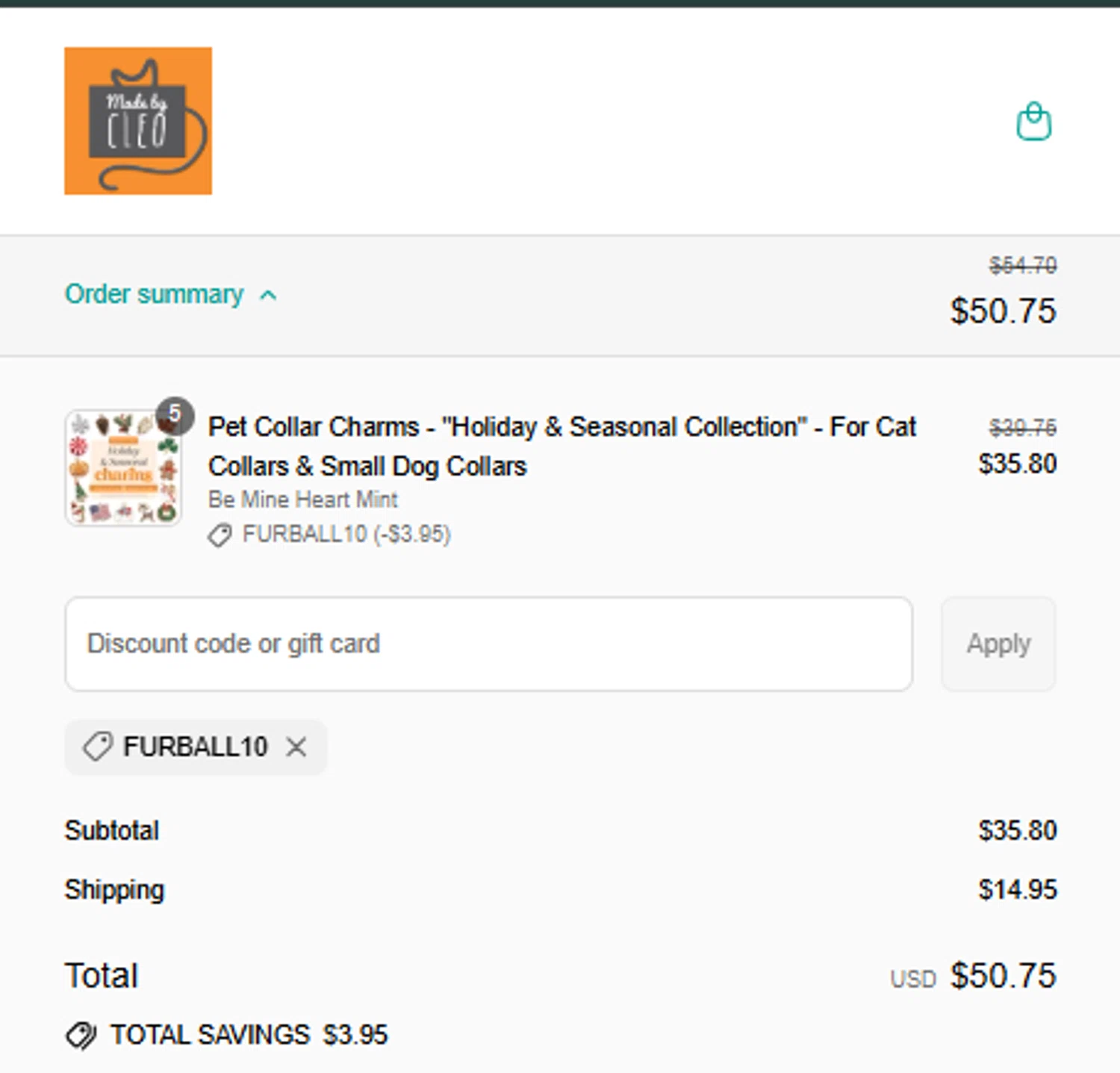 Made By Cleo promo code screenshot showing code FURBALL10 applied at Made By Cleo checkout page. Uploaded by SimplyCodes community member eugeroma on Jul 19, 2025