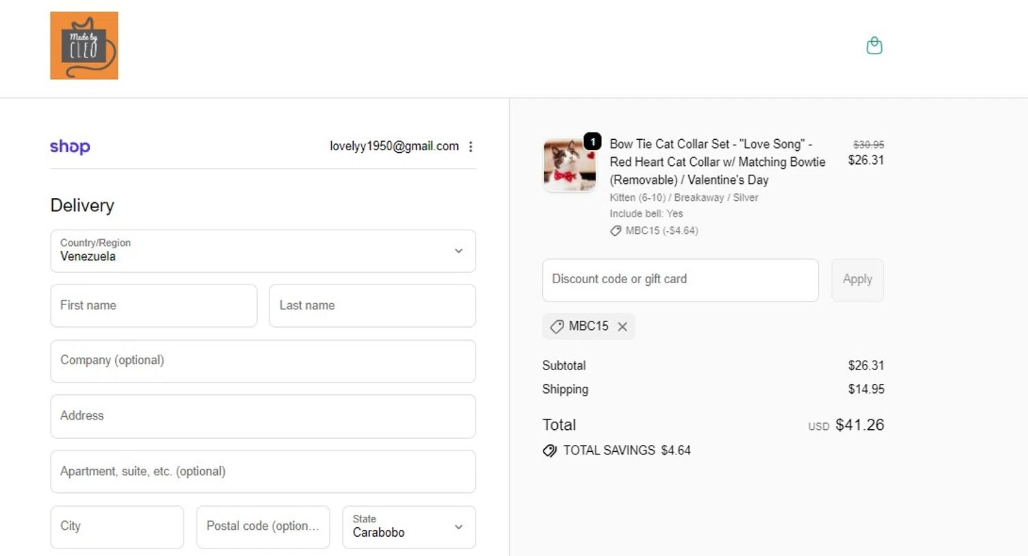 Made By Cleo promo code screenshot showing code MBC15 applied at Made By Cleo checkout page. Uploaded by SimplyCodes community member RoYoK88 on Jan 8, 2026