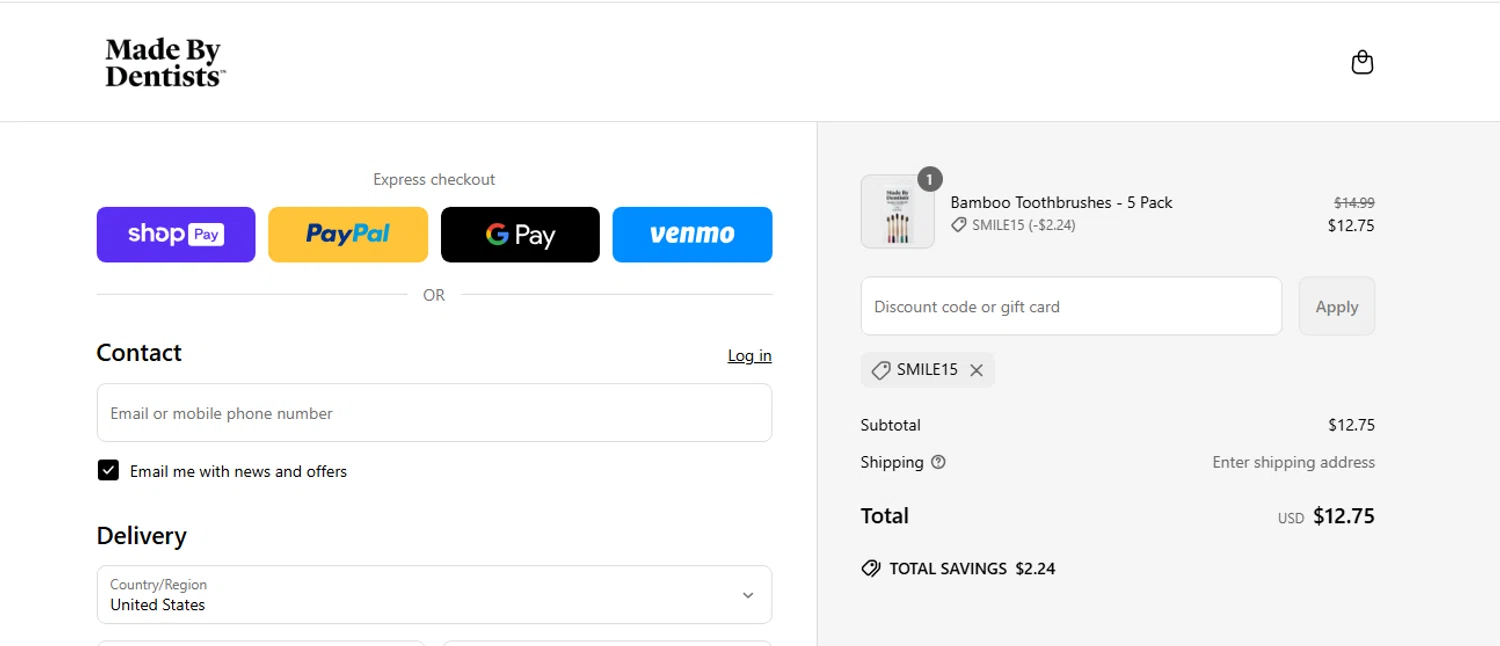 Made By Dentists promo code screenshot showing code SMILE15 applied at Made By Dentists checkout page. Uploaded by SimplyCodes community member ScanVirtuoso3169 on May 30, 2025