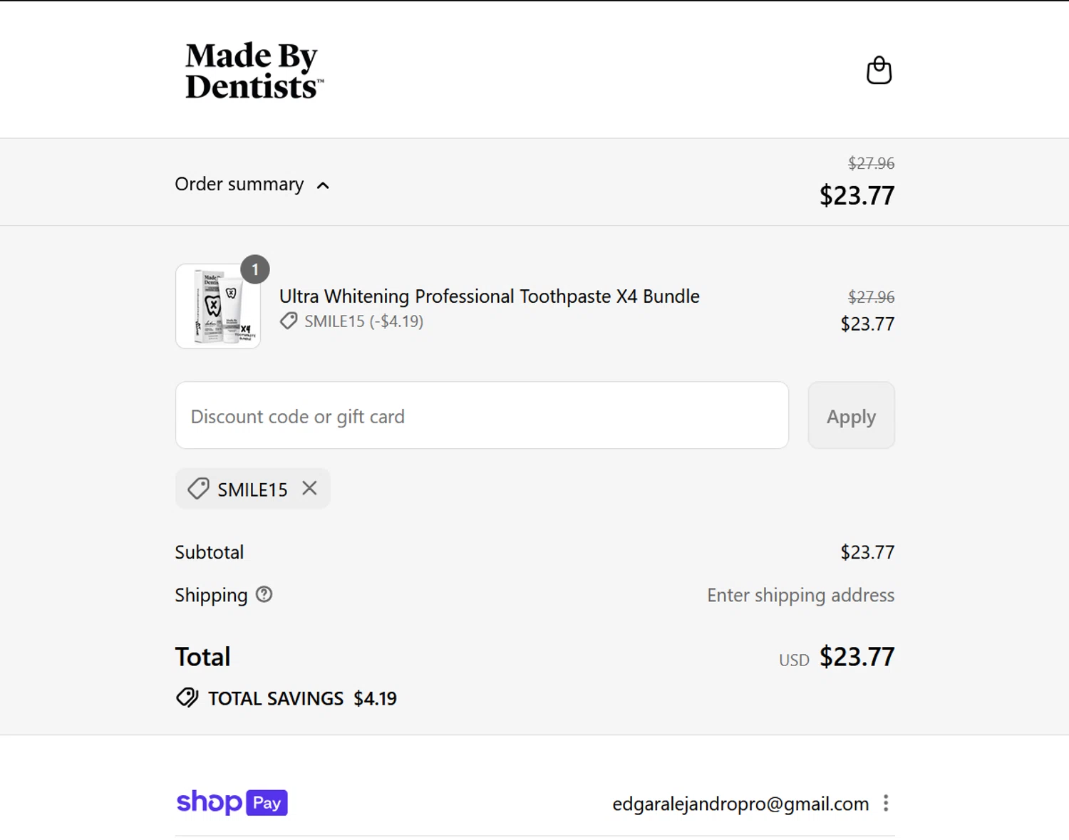 Made By Dentists promo code screenshot showing code SMILE15 applied at Made By Dentists checkout page. Uploaded by SimplyCodes community member ValiantLion5897 on Aug 1, 2025