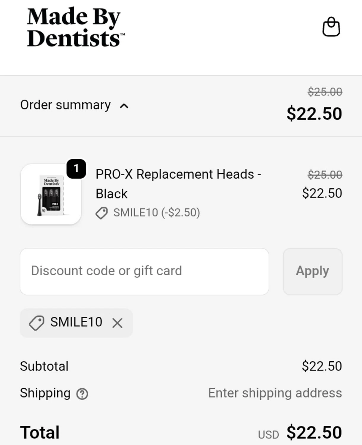 Made By Dentists promo code screenshot showing code SMILE10 applied at Made By Dentists checkout page. Uploaded by SimplyCodes community member ValiantCurator3344 on Dec 24, 2025