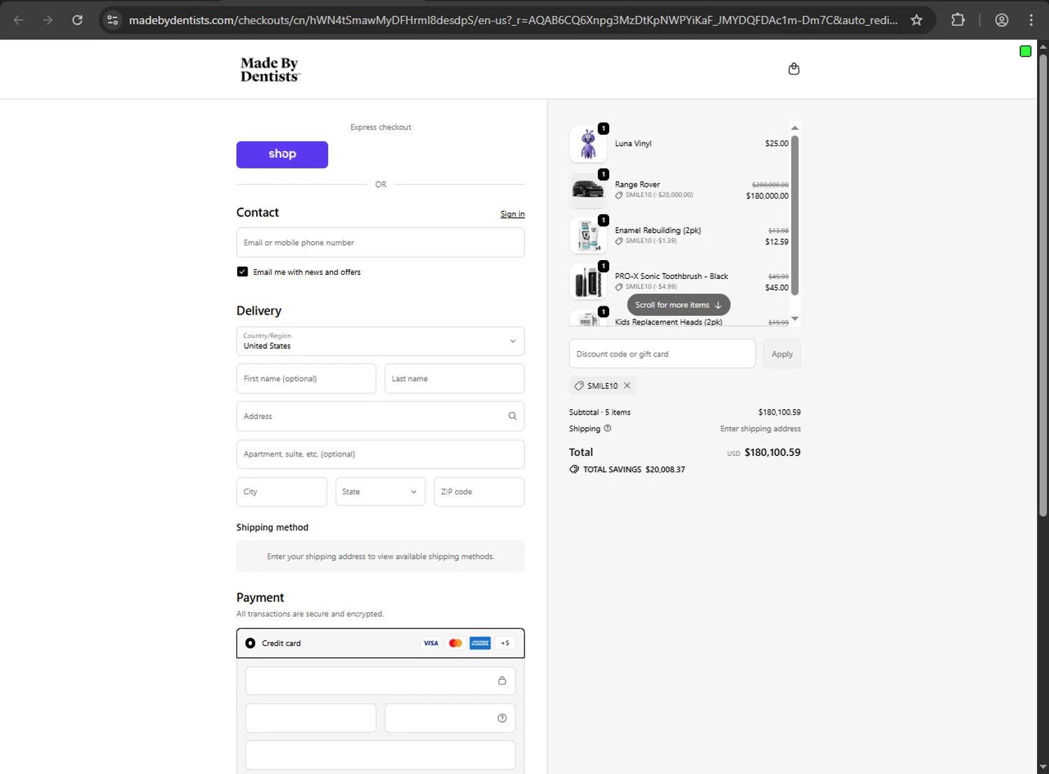 Made By Dentists promo code screenshot showing code SMILE10 applied at Made By Dentists checkout page. Uploaded by SimplyCodes community member fiadaz on Nov 4, 2025