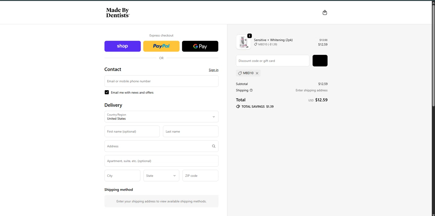 Made By Dentists promo code screenshot showing code MBD10 applied at Made By Dentists checkout page. Uploaded by SimplyCodes community member VoucherRanger9105 on Oct 19, 2025