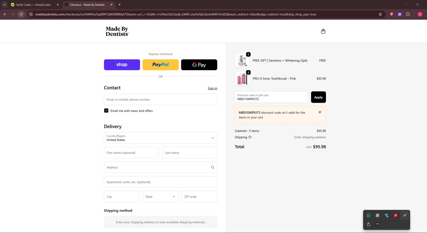 Made By Dentists promo code screenshot showing code MBD15MPRJT3 applied at Made By Dentists checkout page. Uploaded by SimplyCodes community member CouponSage7331 on Nov 30, 2025