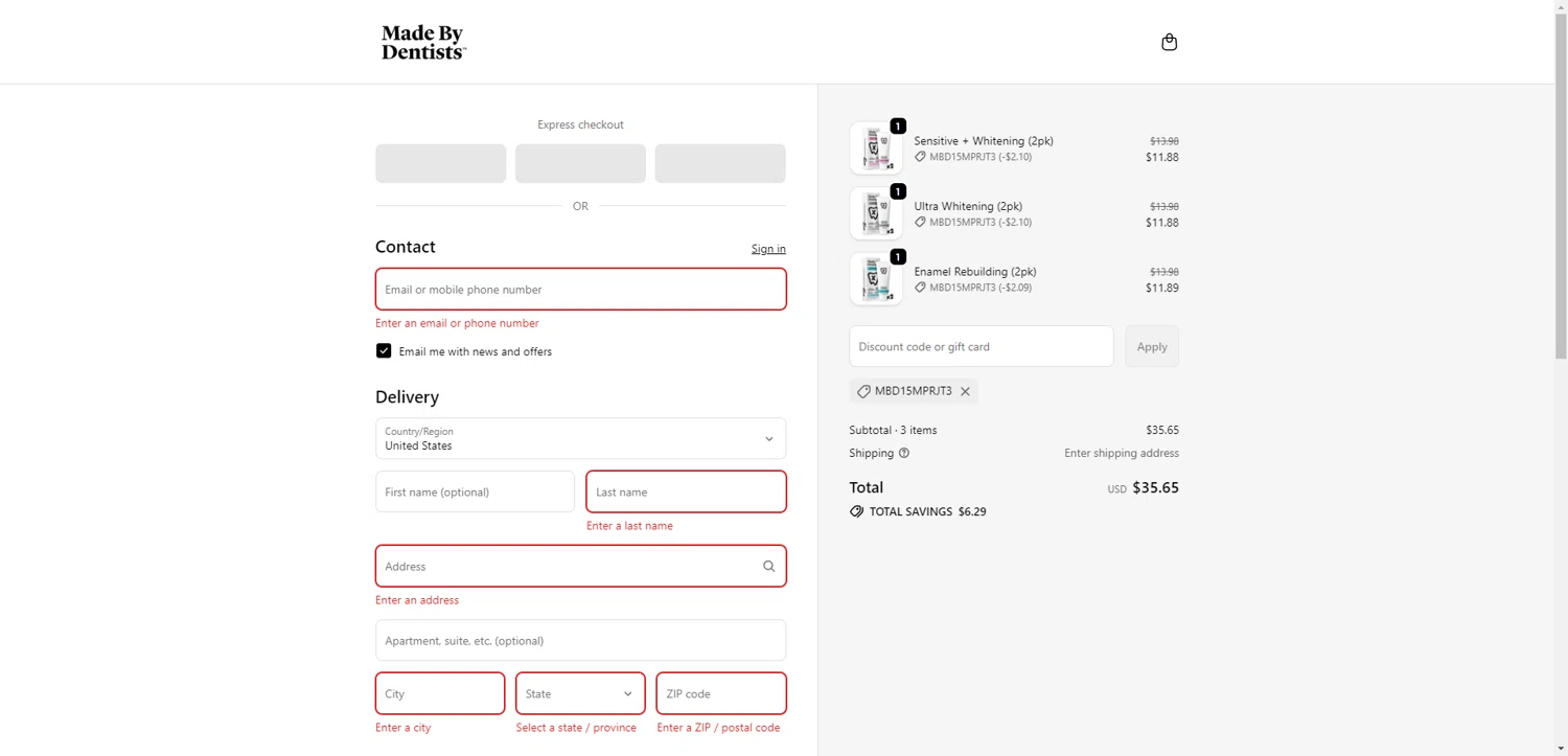 Made By Dentists promo code screenshot showing code MBD15MPRJT3 applied at Made By Dentists checkout page. Uploaded by SimplyCodes community member CrownWhiz8114 on Oct 19, 2025