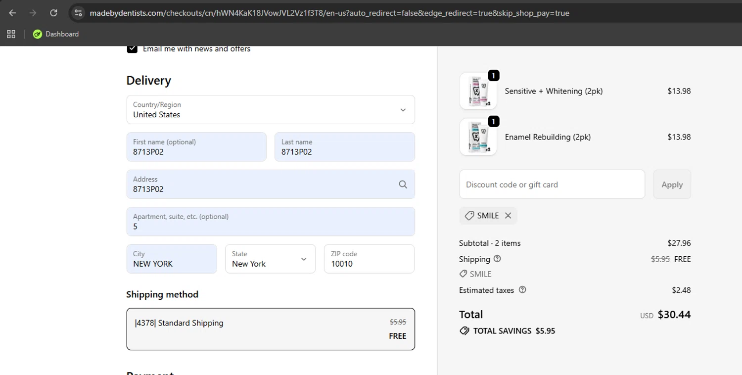 Made By Dentists promo code screenshot showing code smile applied at Made By Dentists checkout page. Uploaded by SimplyCodes community member Kony24 on Oct 20, 2025