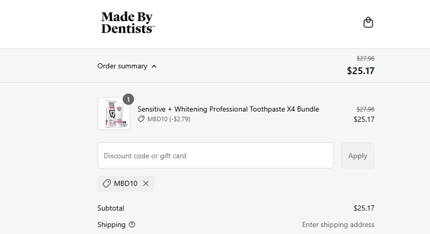 Made By Dentists promo code screenshot showing code MBD10 applied at Made By Dentists checkout page. Uploaded by SimplyCodes community member ashe1986 on Jul 31, 2025