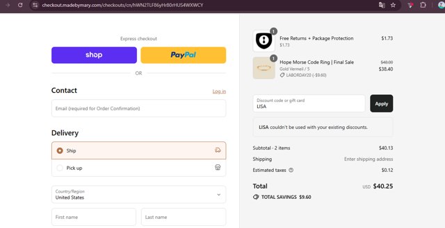 Made by Mary checkout page showing Made by Mary discount code box | Screenshot taken by SimplyCodes community member on Sep 1, 2025