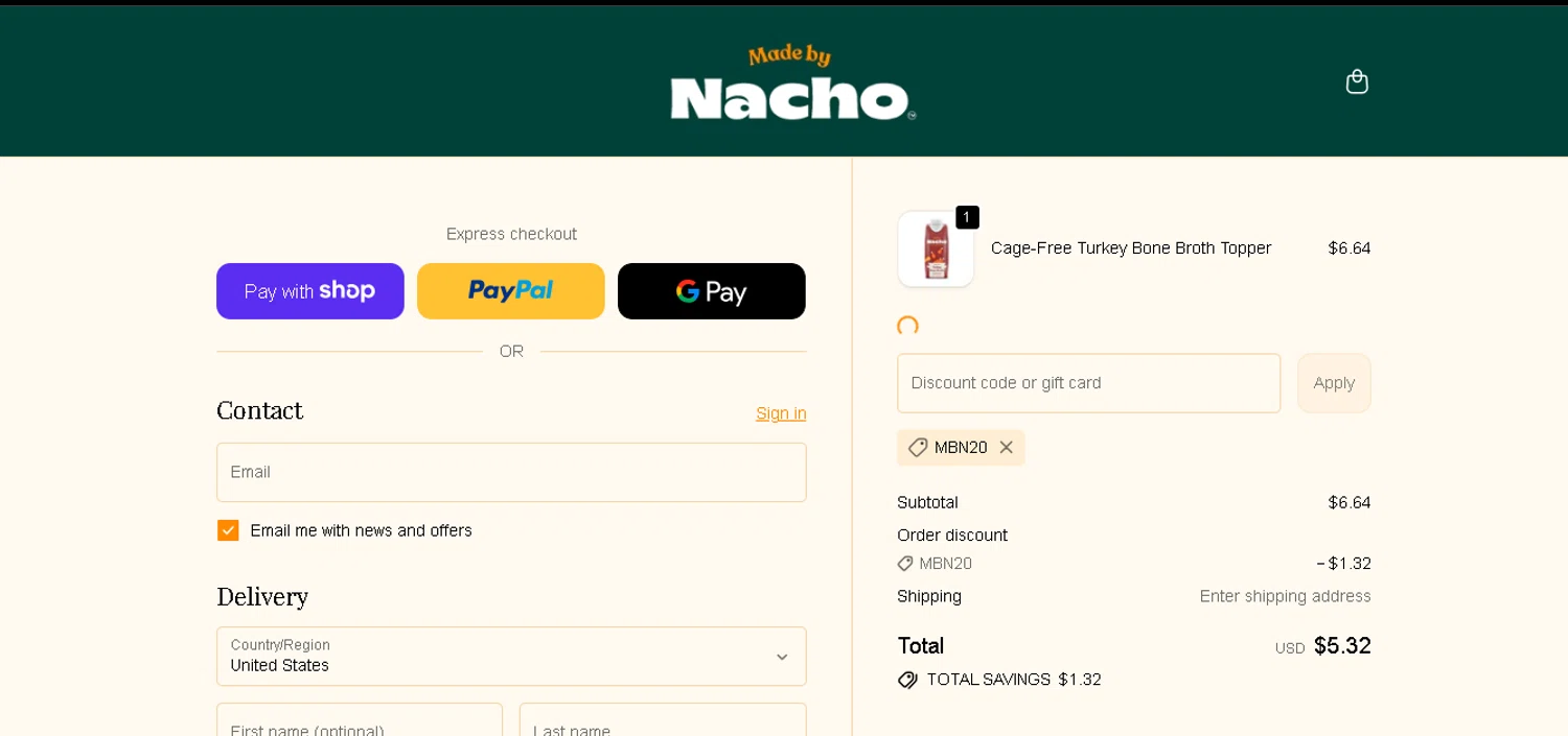Made by Nacho promo code screenshot showing code MBN20 applied at Made by Nacho checkout page. Uploaded by SimplyCodes community member BLUEBLASTOISE on Jan 11, 2026